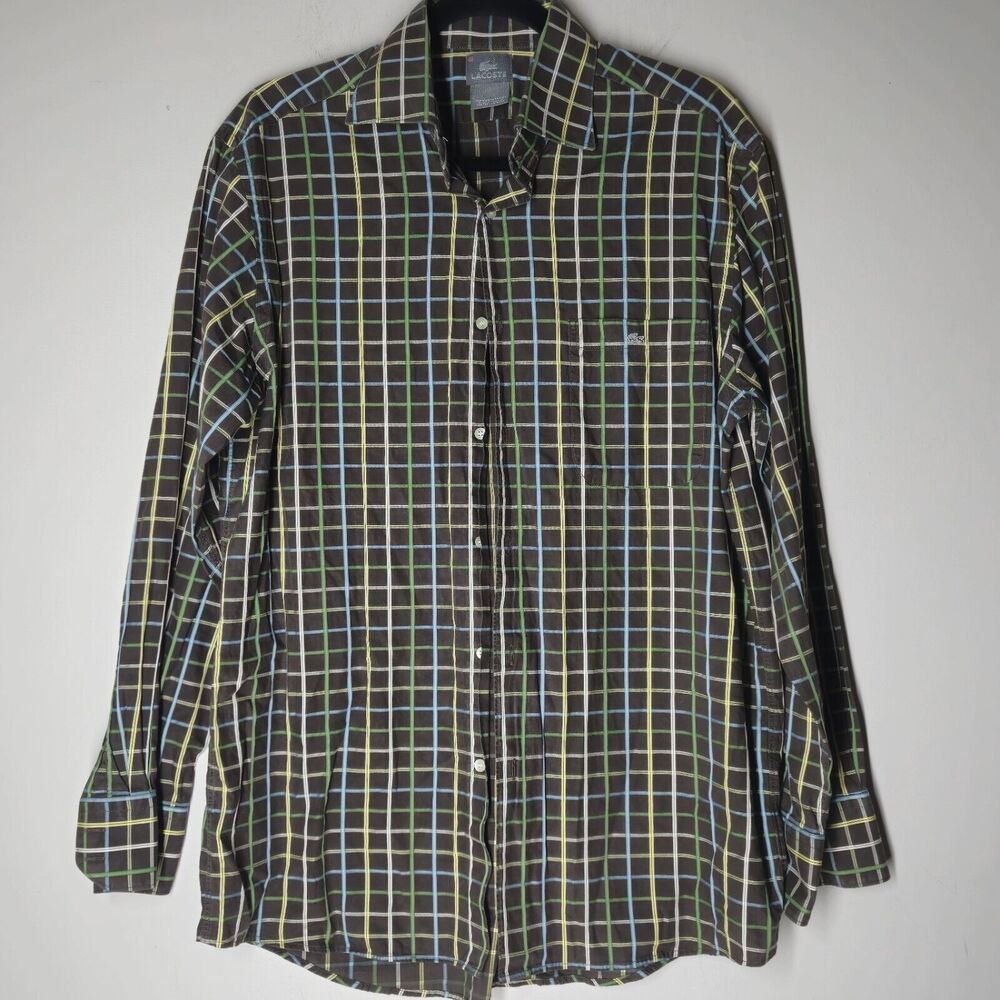 Lacoste Button Up Plaid Short Sleeve Shirt Large 42 Brown Golf Gorpcore